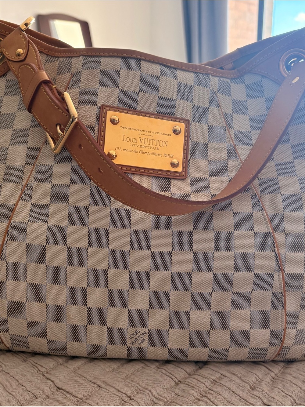 Louis Vuitton Damier Azur Canvas Tote in Blue/White with Brown Trim